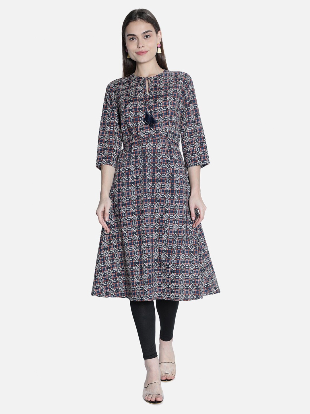 

See Designs Blue Geometric Printed Tie-Up Neck Dress