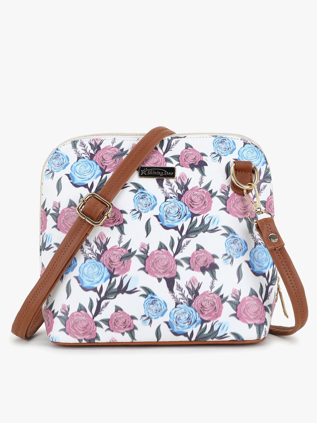 

SHINING STAR Blue Floral Printed PU Structured Sling Bag