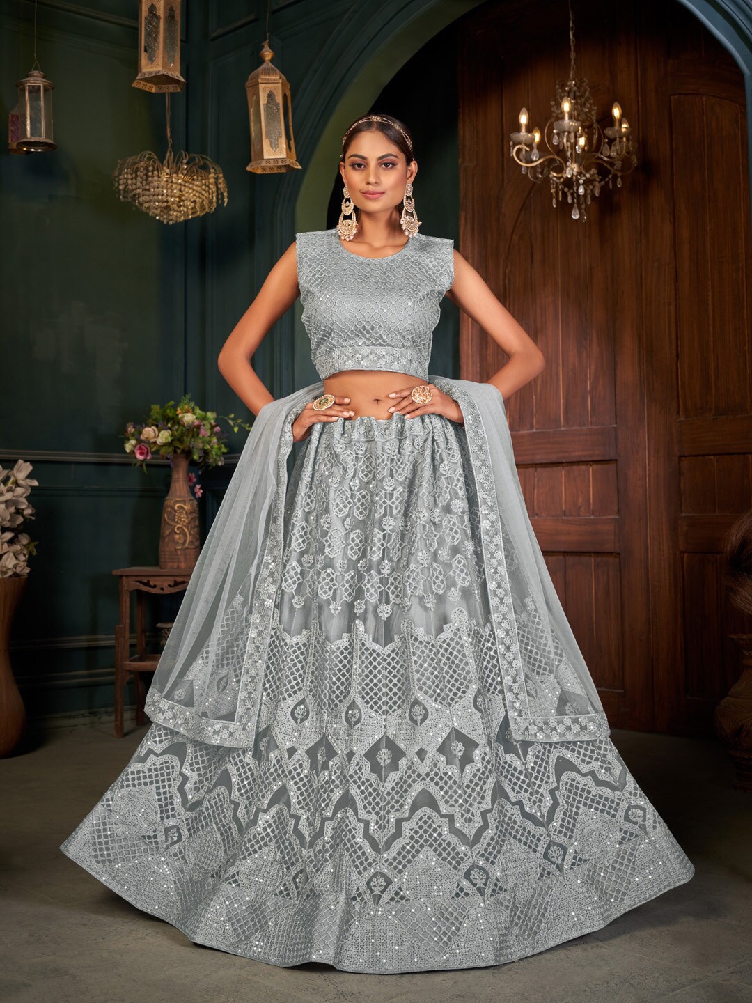 

Pandadi Saree Grey & Silver-Toned Embroidered Sequinned Semi-Stitched Lehenga & Blouse With Dupatta