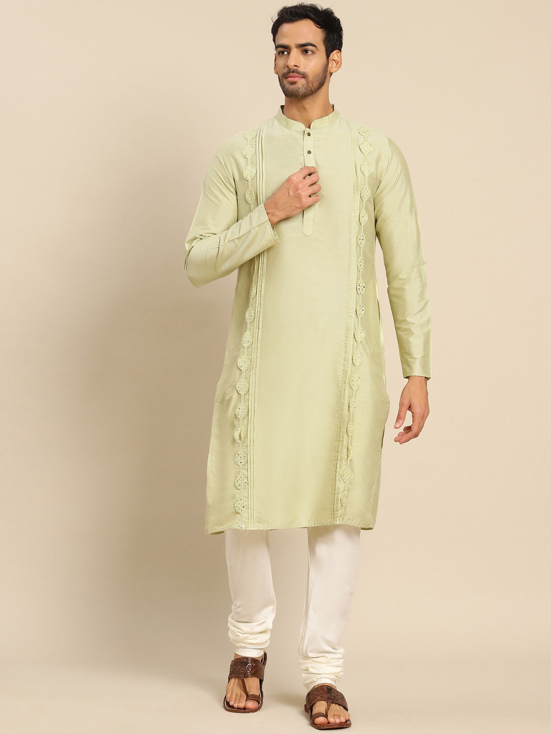 

KISAH Men Lime Green Ethnic Motifs Patchwork Kurta