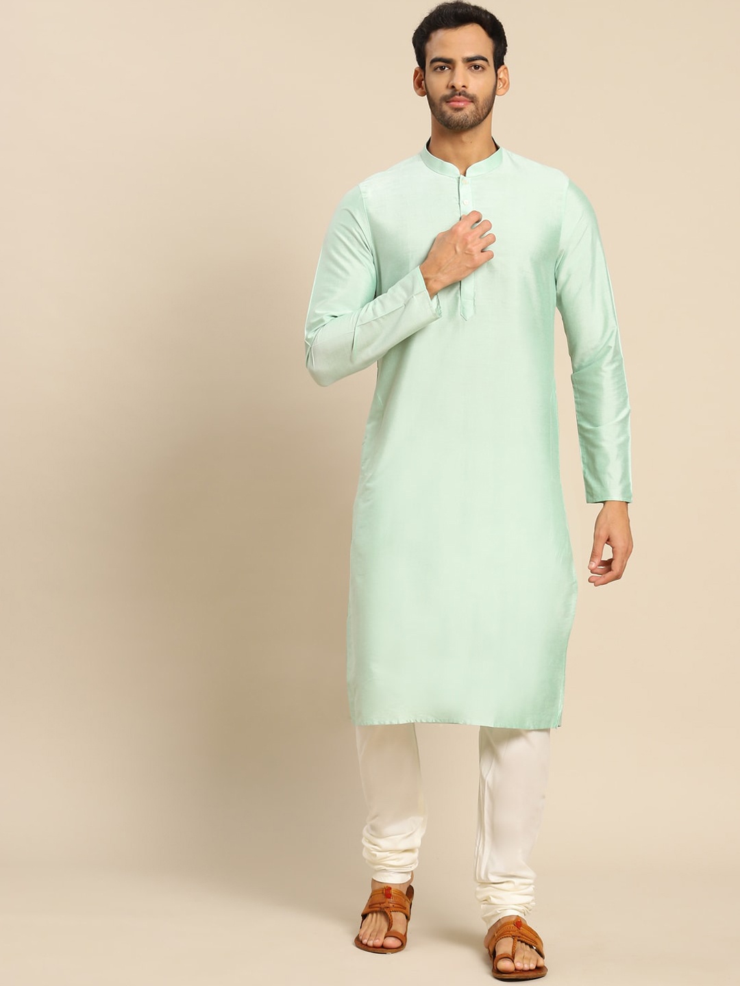 

KISAH Men Sea Green Thread Work Straight Kurta