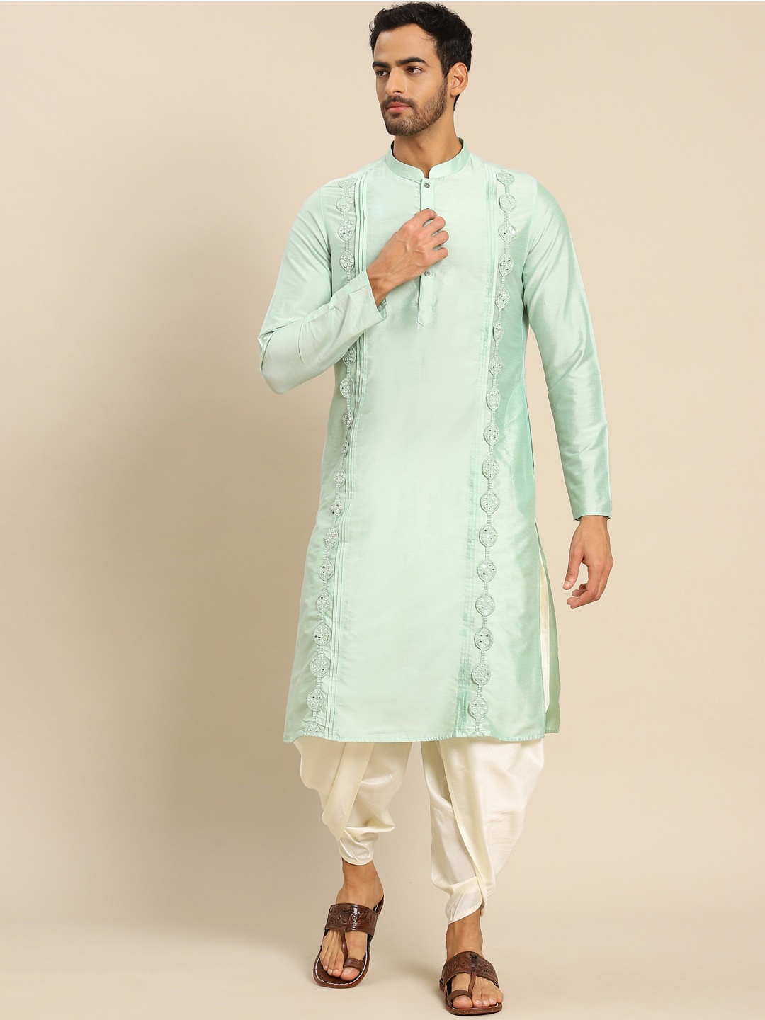 

KISAH Men Sea Green Pleated Design Thread Work Kurta