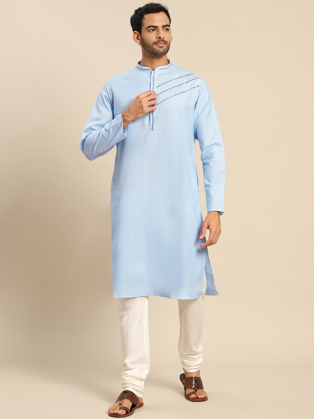 

KISAH Men Blue Flared Sleeves Thread Work Kurta