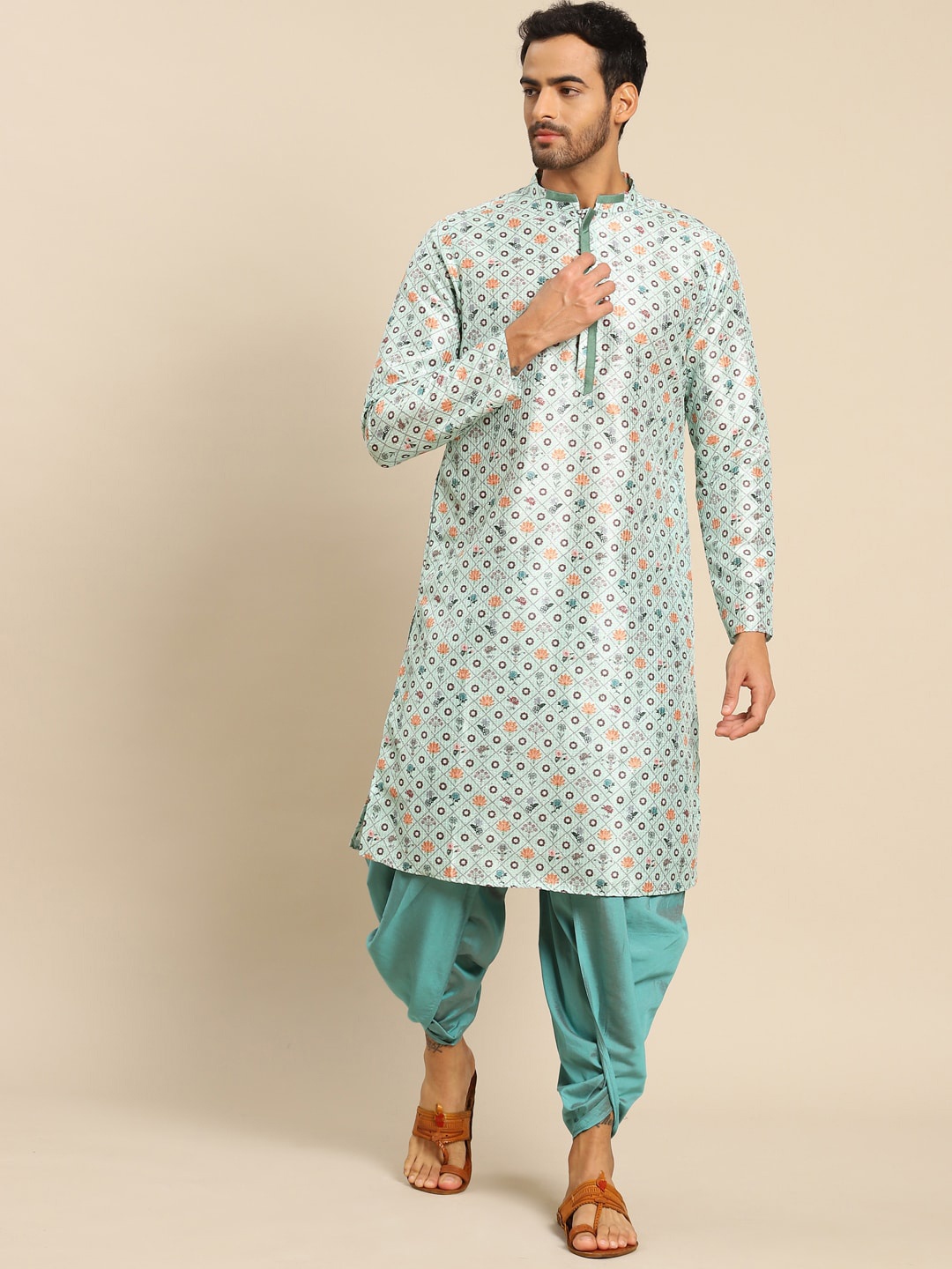 KISAH Men Mint Green Floral Printed Kurta
