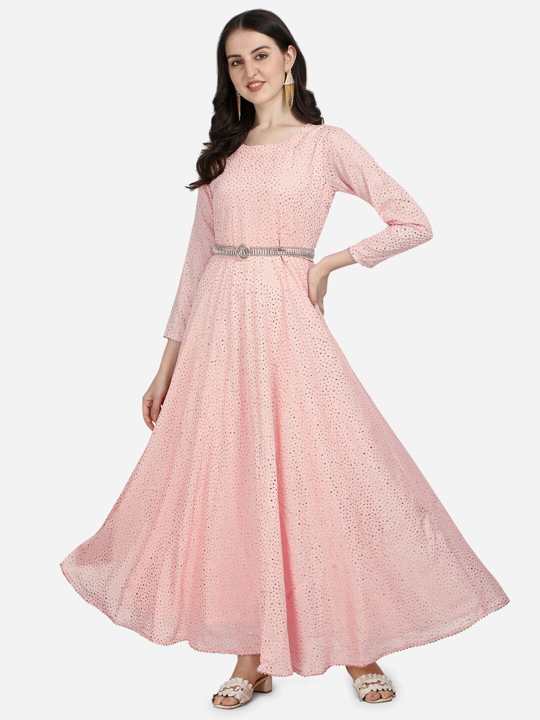 

Pure 9 Women Peach-Coloured Ethnic Motifs Chiffon Maxi Dress