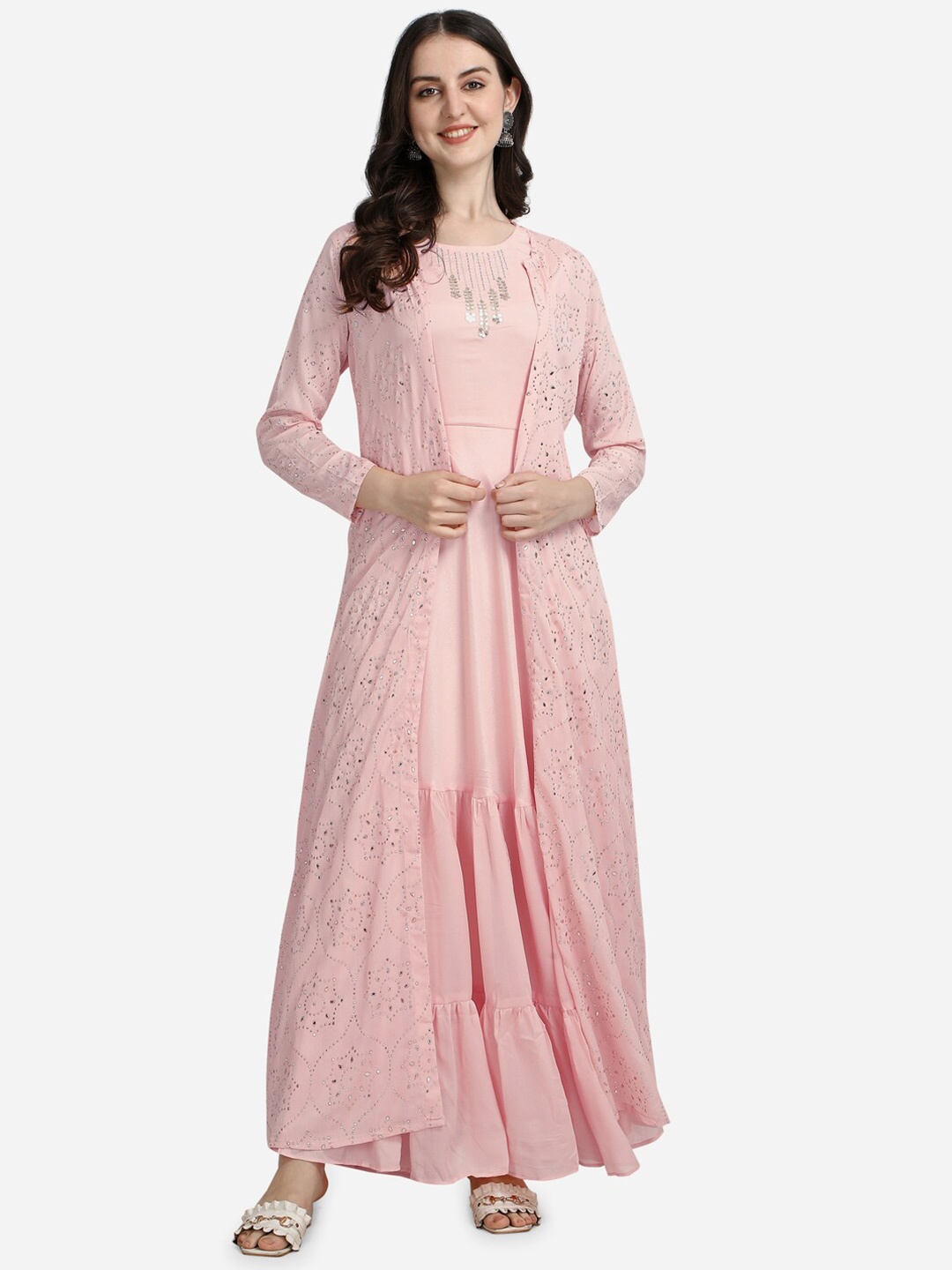 

Pure 9 Women Peach Solid Chiffon Dress with Jacket