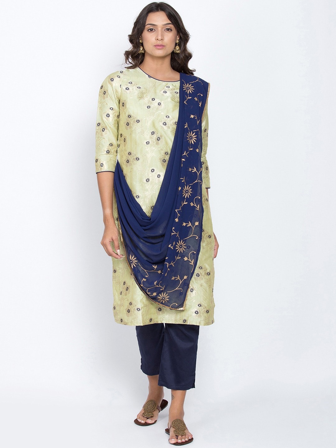 

Be Indi Women Green Floral Jacquard Straight Kurta With Attached Dupatta