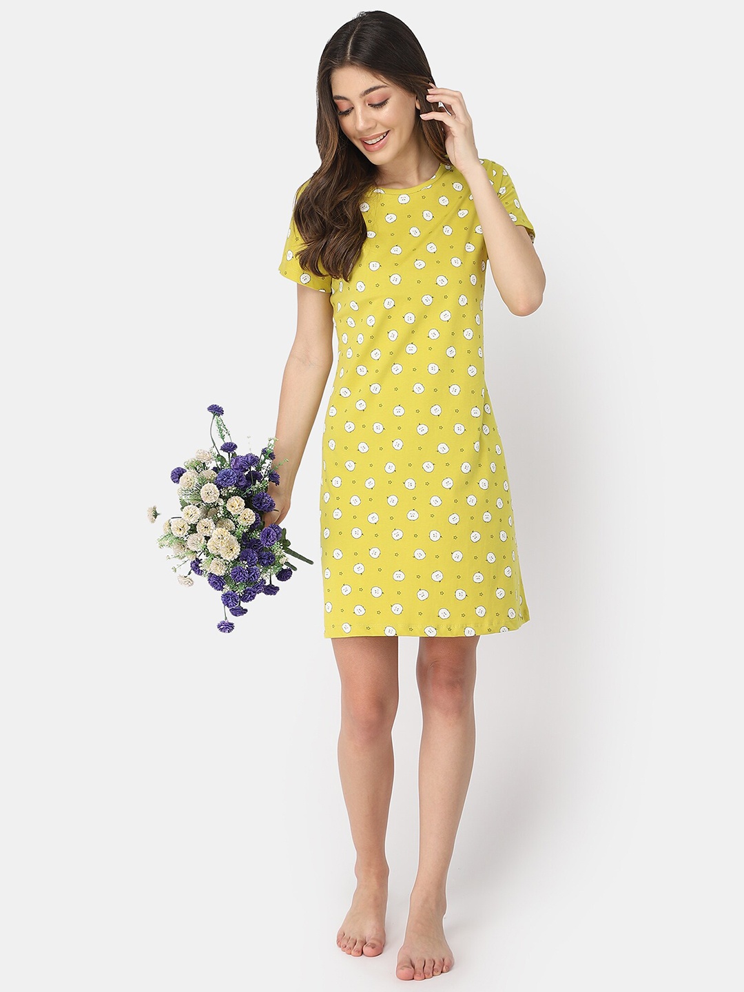 

Bell Paper Yellow Printed Pure Cotton T-Shirt Nightdress