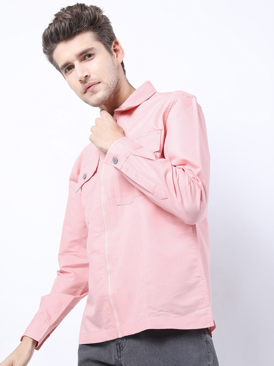 

HIGHLANDER Men Pink Slim Fit Double Flap Pocket Shirt