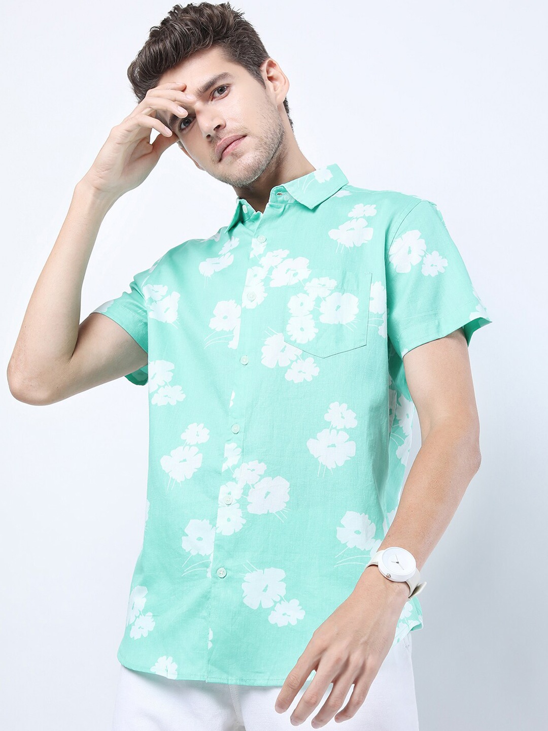 

HIGHLANDER Men Green Floral Printed Cotton Slim Fit Casual Shirt