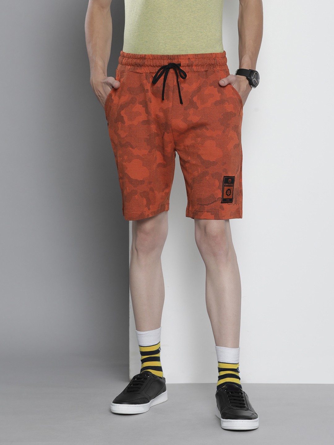 

The Indian Garage Co Men Rust Orange & Black Geometric Printed Shorts
