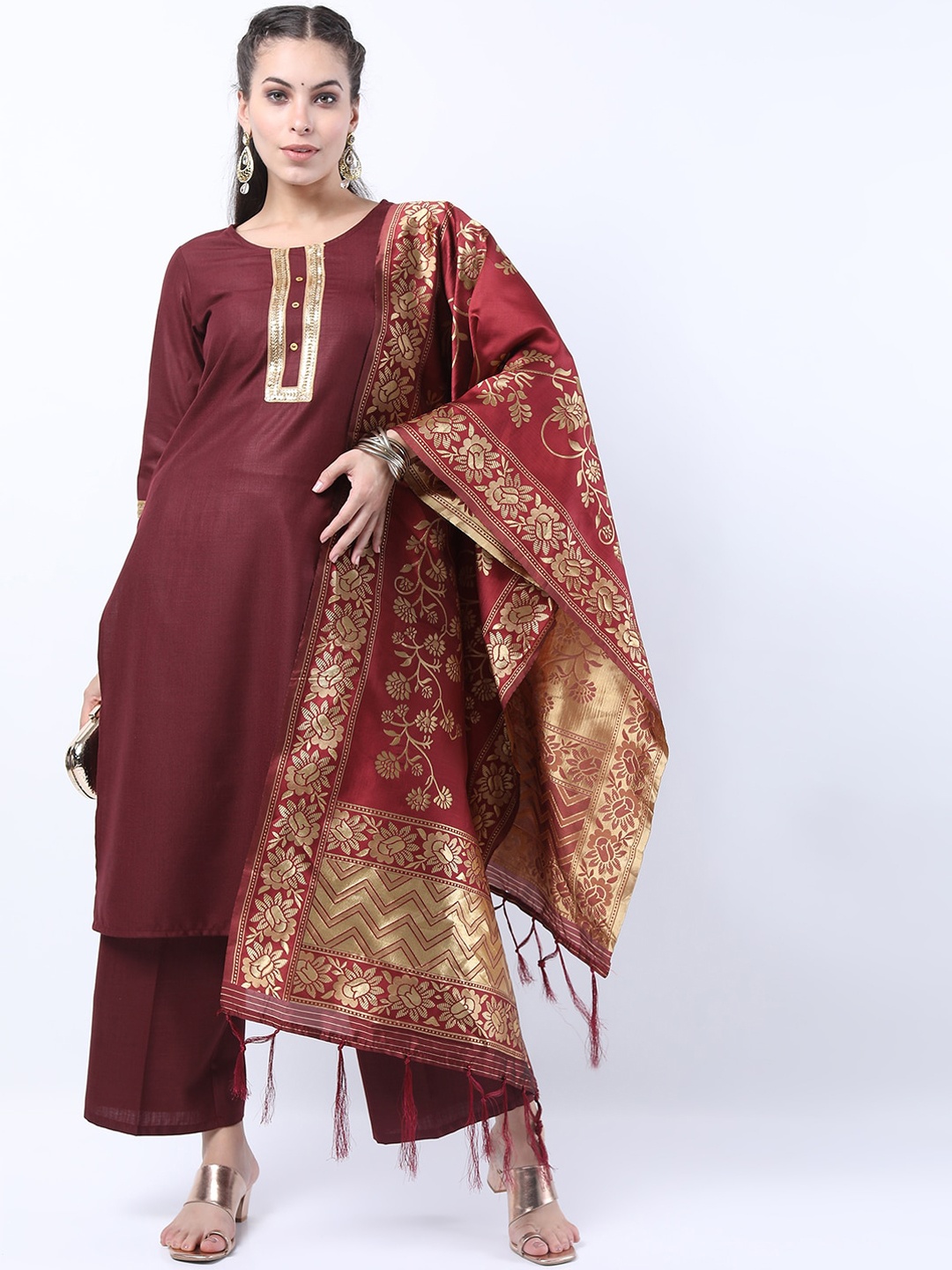 

KETCH Women Burgundy Sequinned Kurta with Palazzos & With Dupatta