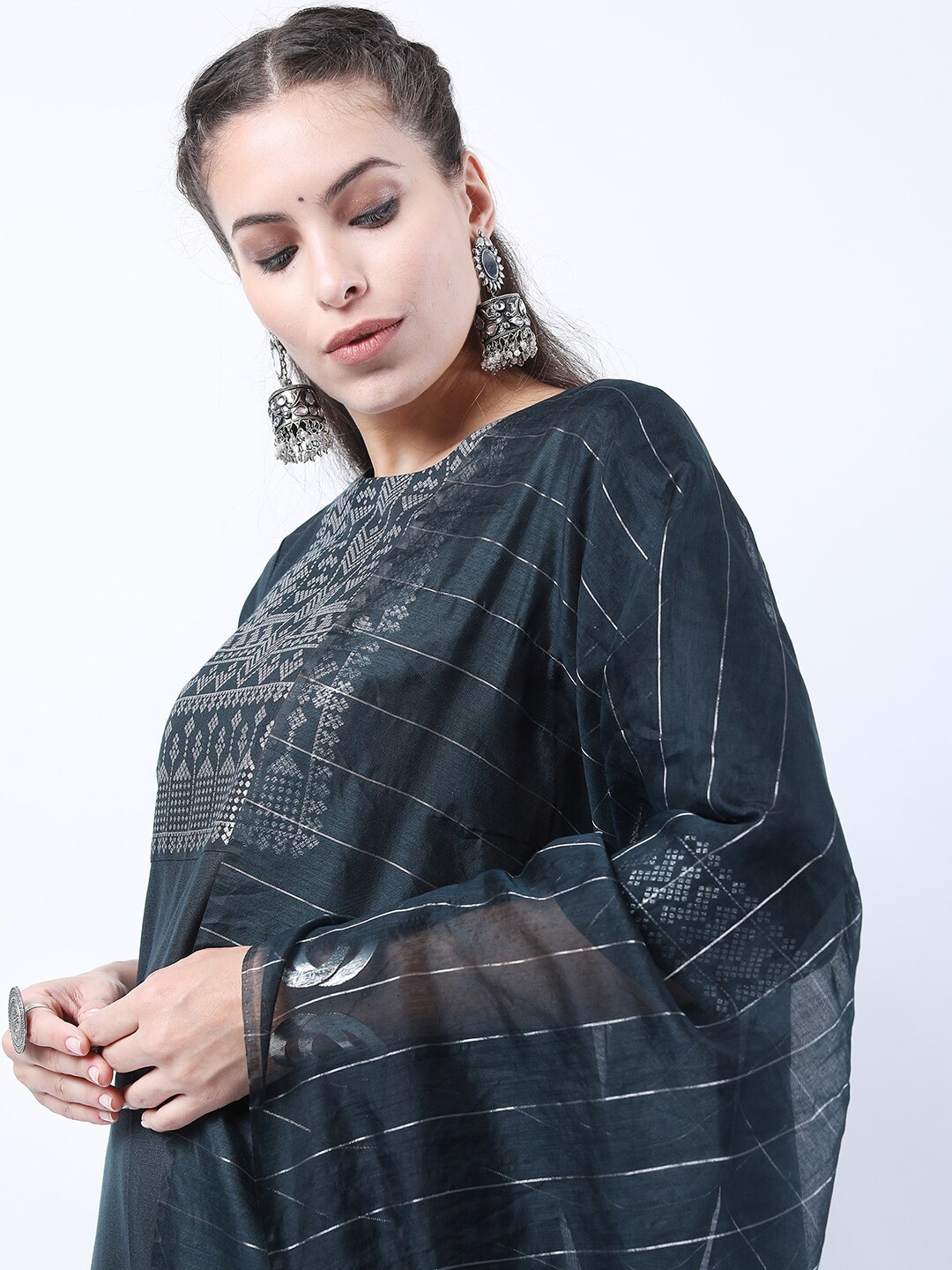 

KETCH Women Green Yoke Design Kurta with Trousers with Dupatta, Navy blue