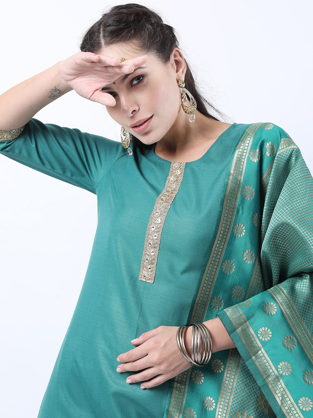 

KETCH Women Green Straight Kurta With Palazzo And Dupatta