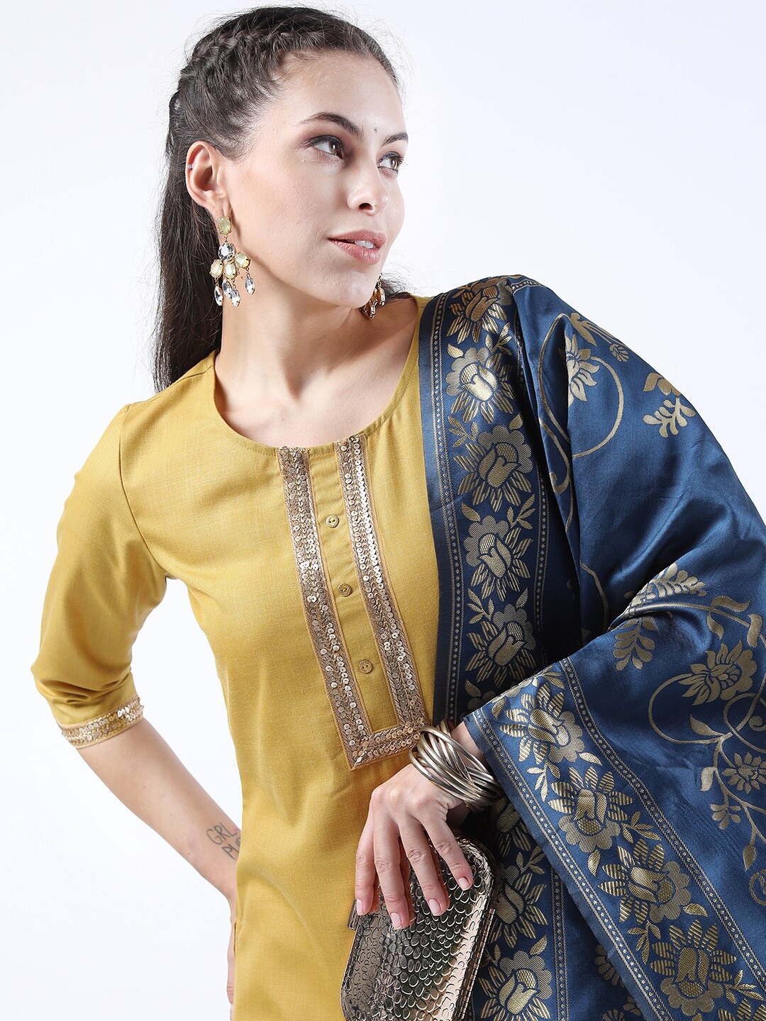 

KETCH Women Yellow Sequinned Kurta with Palazzos & With Dupatta