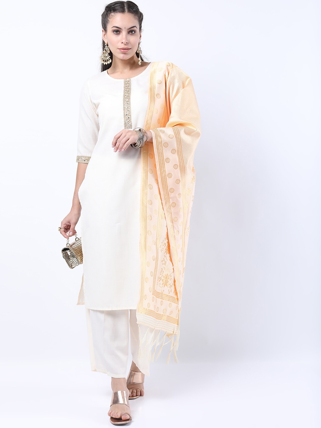 

KETCH Women Cream-Coloured Kurta with Trousers & With Dupatta