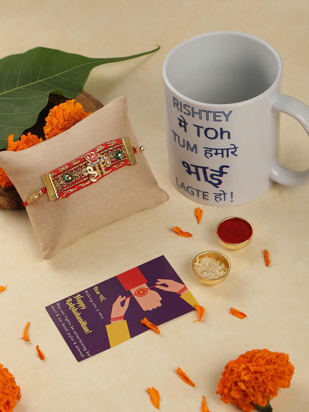 

Accessher Gift Set of 3 Sri Inscribed Rakhi with Mug & Greeting Card, Red