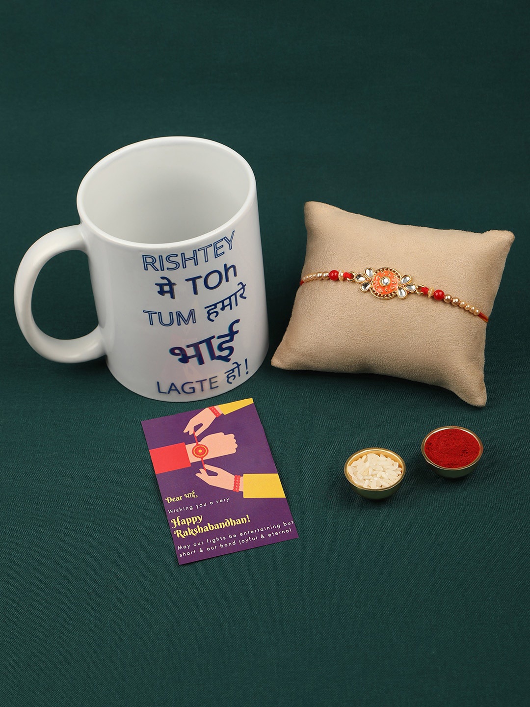 

Accessher Gift Set of 3 Enamel Rakhi with Mug & Greeting Card, Red