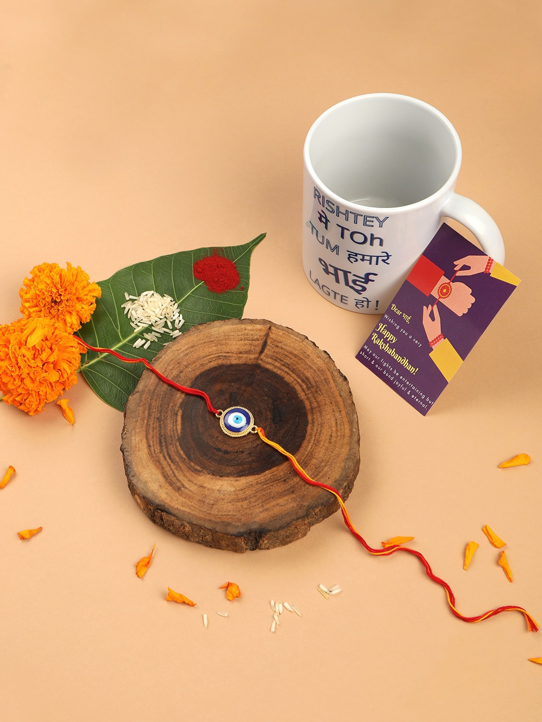 

AccessHer Women Gold Toned & Red Evil Eye Rakhi With Roli Chawal Cup & Card, Blue