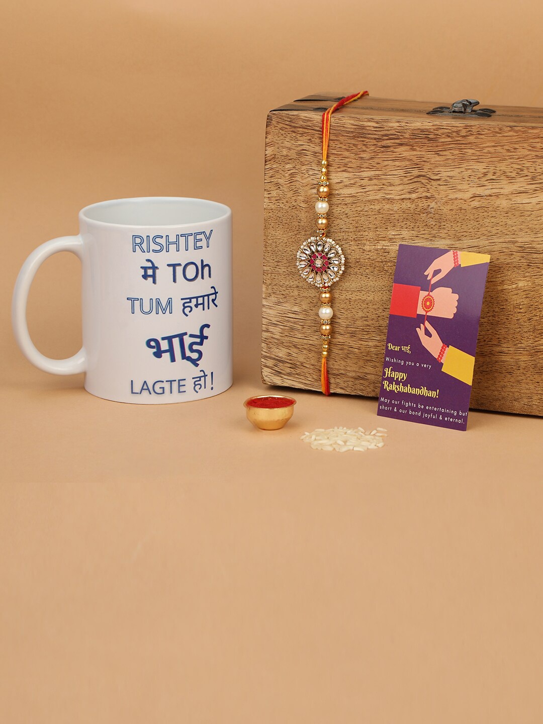 

Accessher Gift Set of 3 Kundan & Enamel Rakhi with Mug & Greeting Card, Pink