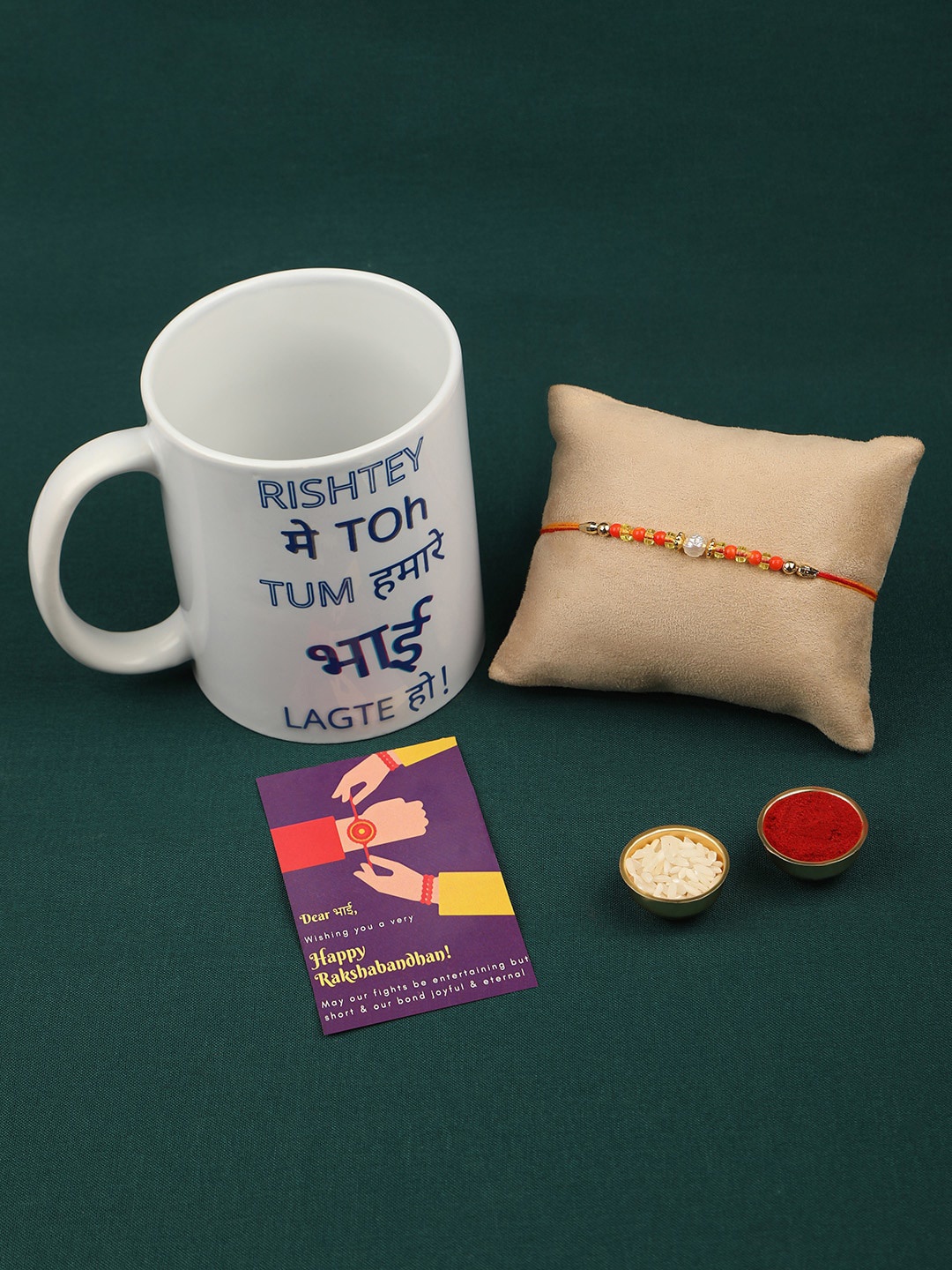 

Accessher Gift Set of 3 Beads Rakhi with Mug & Greeting Card, Gold