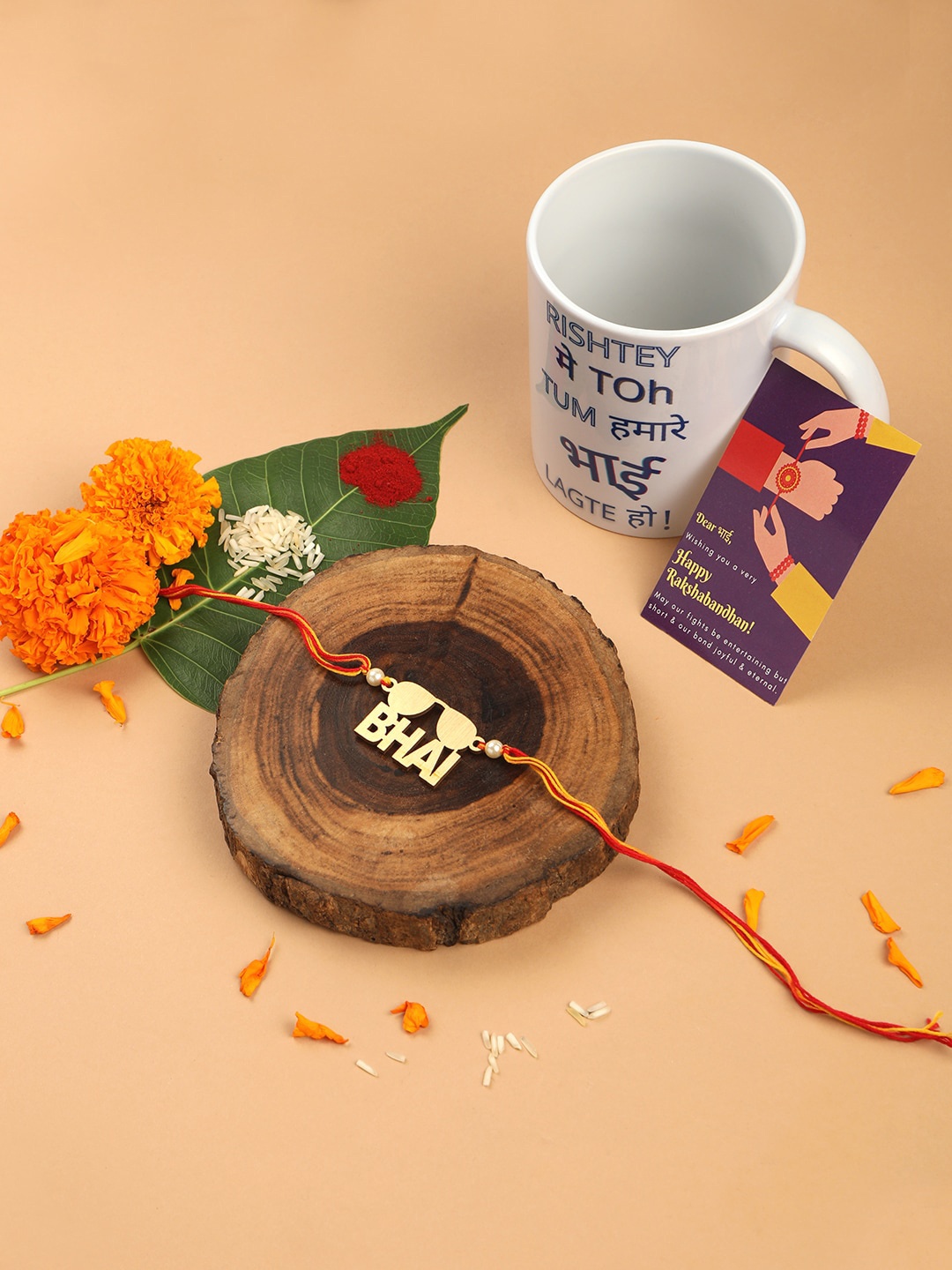 

Accessher Gift Set of 3 Quirky Rakhi with Mug & Greeting Card, Gold