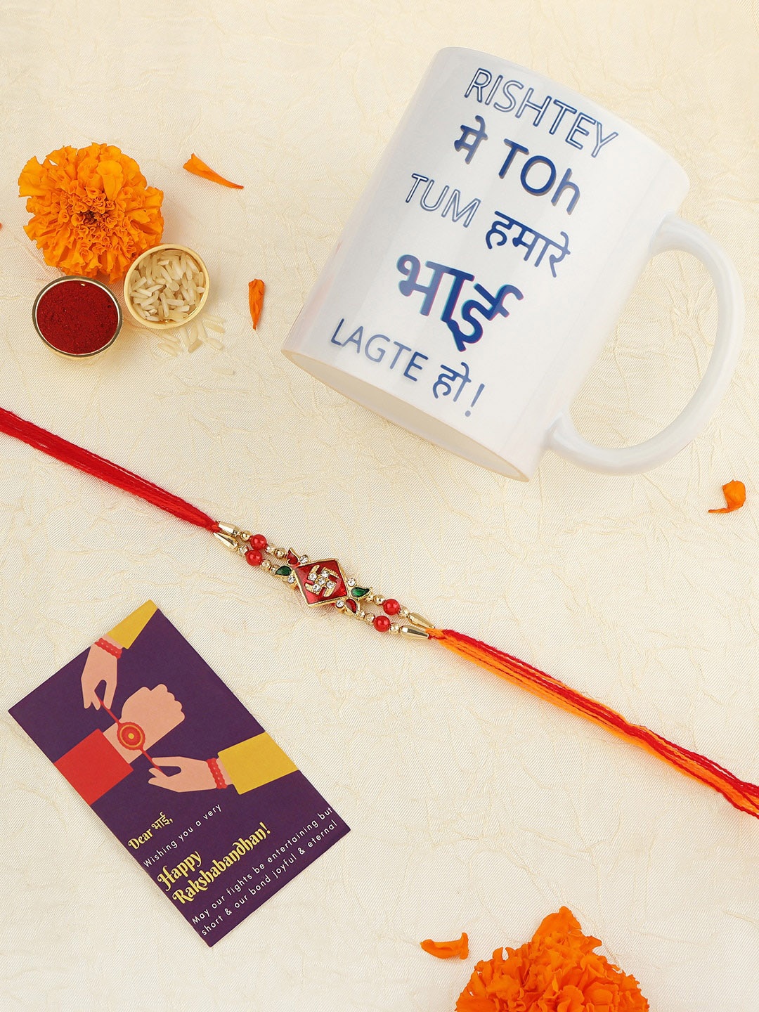 

AccessHer Red & Orange Rakhi with Mug & Greeting Card Gift Set, Multi