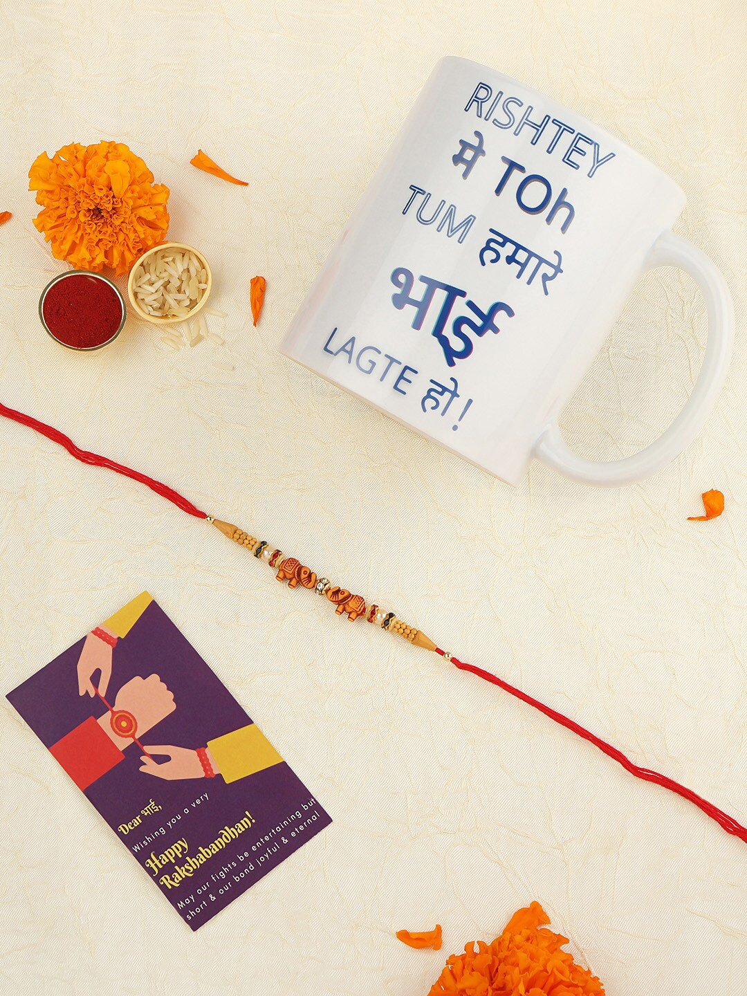 

AccessHer Gold Toned & Red Elephant Rakhi With Roli Chawal Mug & Card