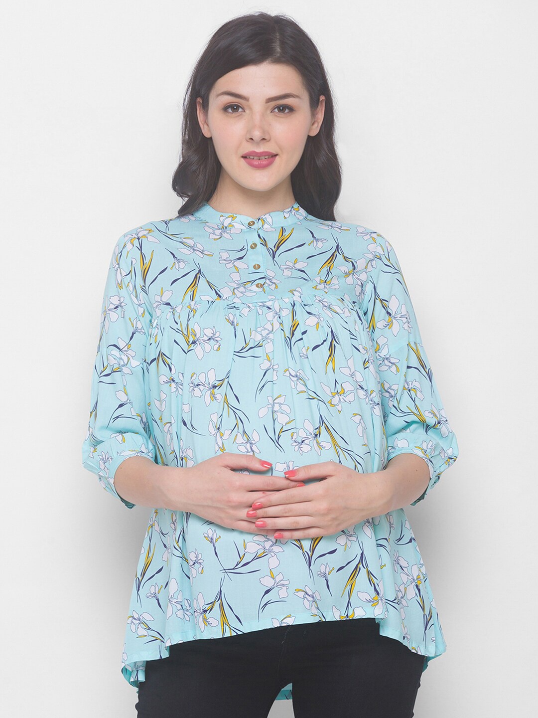 

AV2 Blue Floral Print Mandarin Collar High-Low Maternity Top