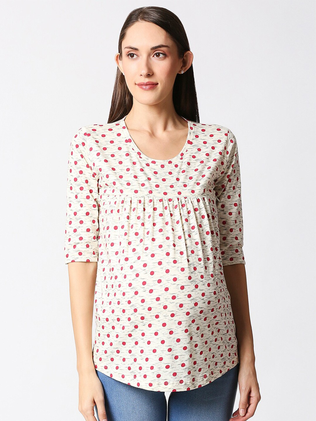 

AV2 Women Cream & Red Printed Pure Cotton Maternity Top