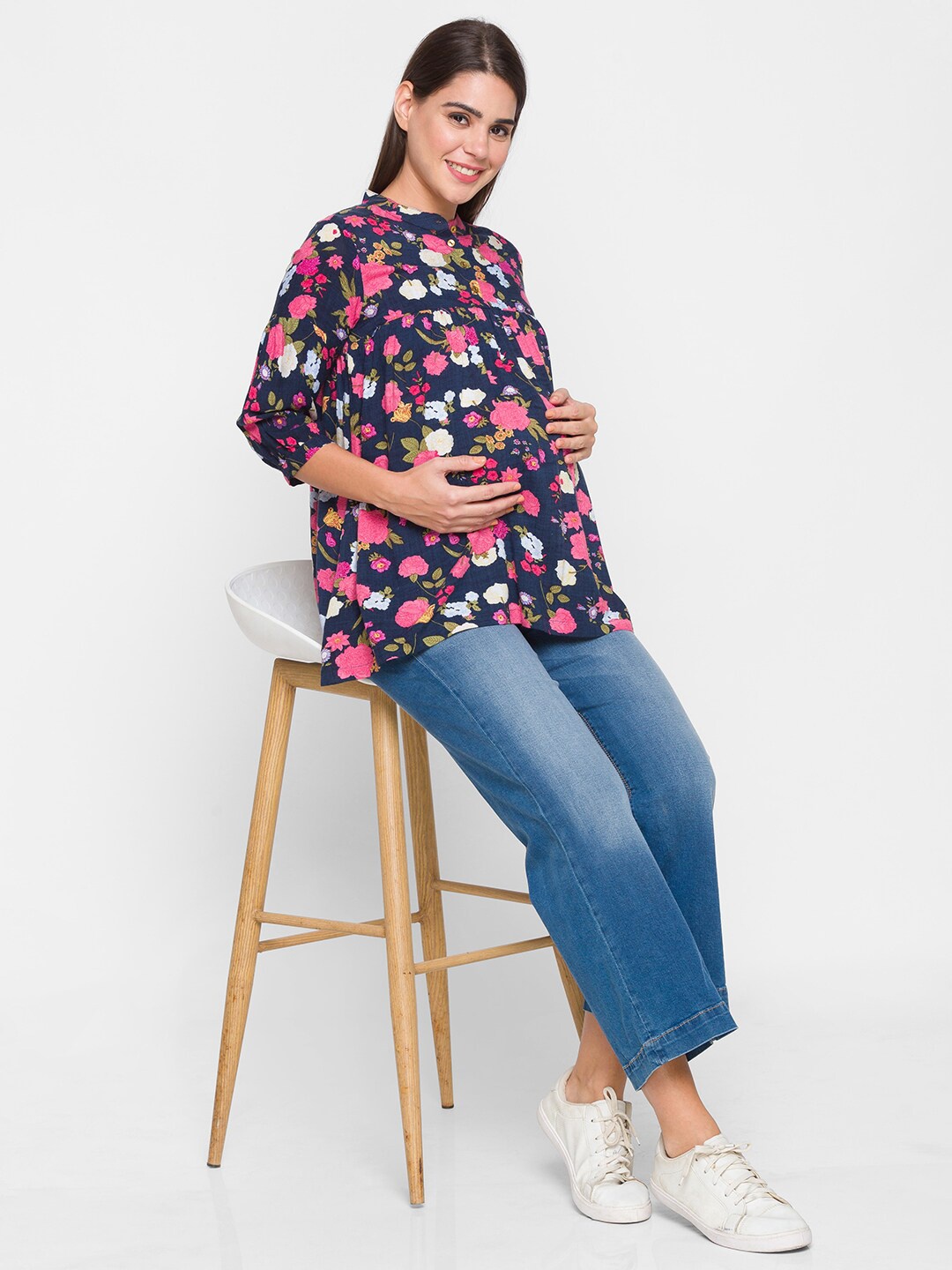 

AV2 Women Navy Blue Floral Printed Mandarin Collar Maternity Empire Top