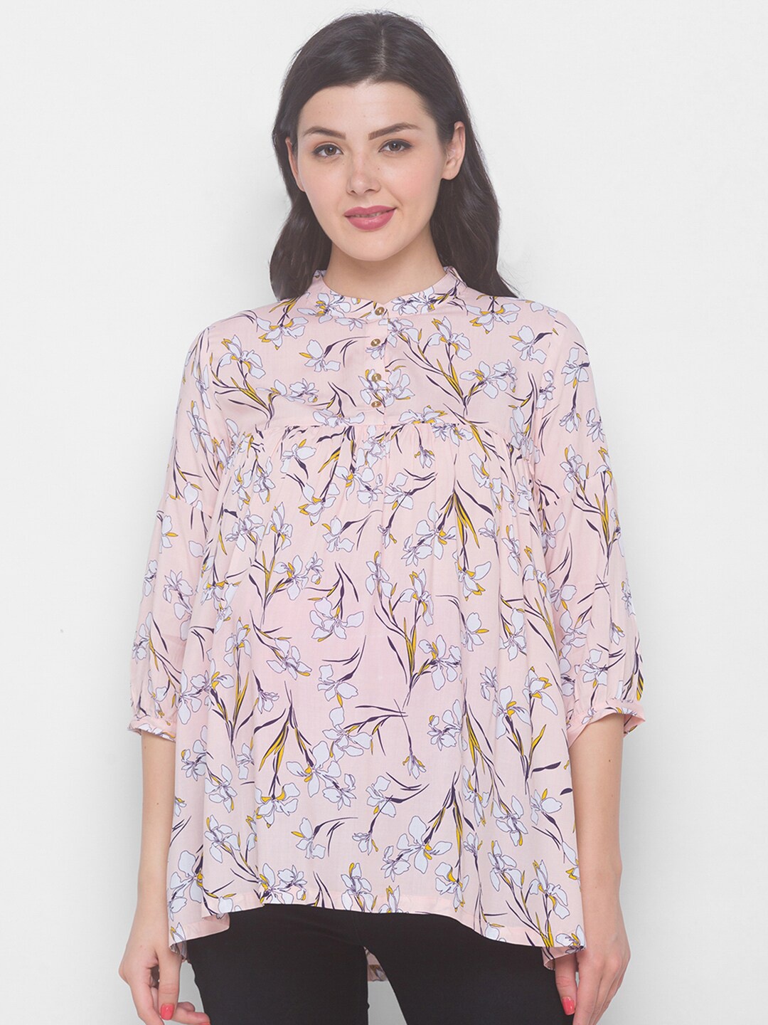 

AV2 Peach-Coloured Floral Print Mandarin Collar Top