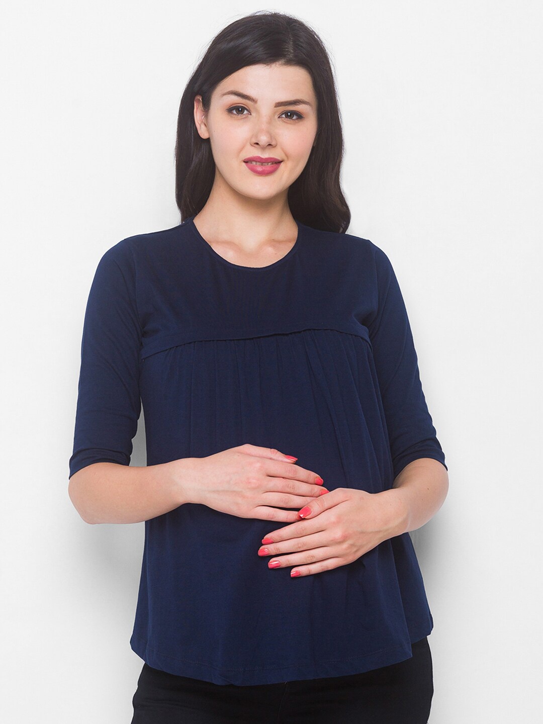 

AV2 Navy Blue Solid Regular Pure Cotton Maternity A-line Top