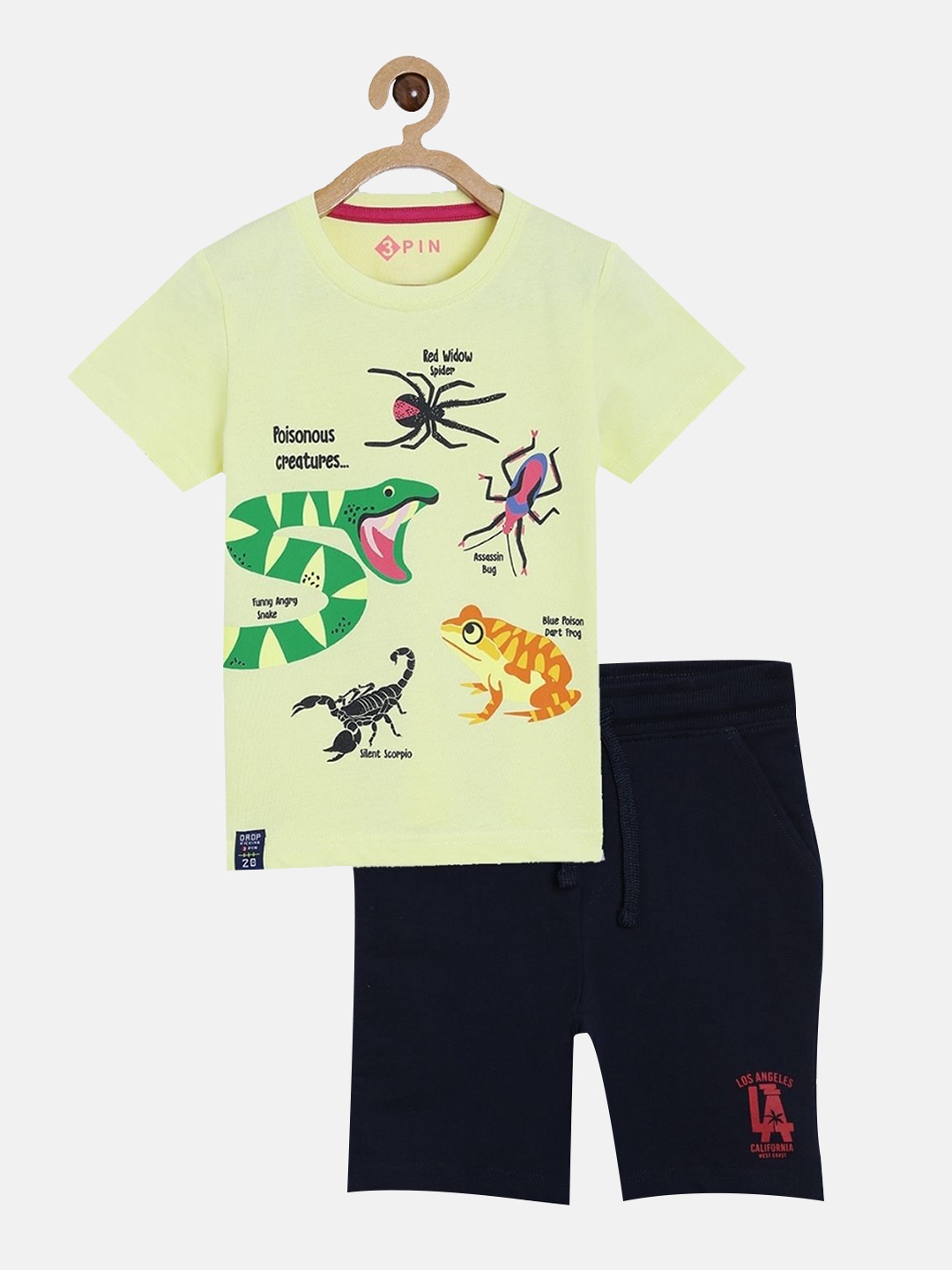 

3PIN Boys Yellow & Navy Blue Printed Pure Cotton T-shirt with Shorts