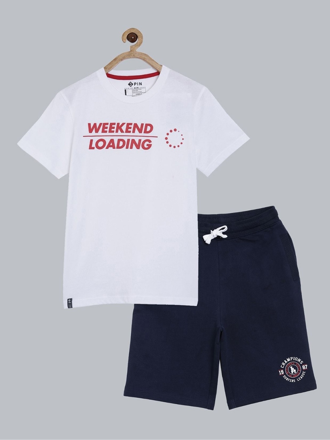 

3PIN Boys White & Navy Blue Printed T-shirt with Shorts