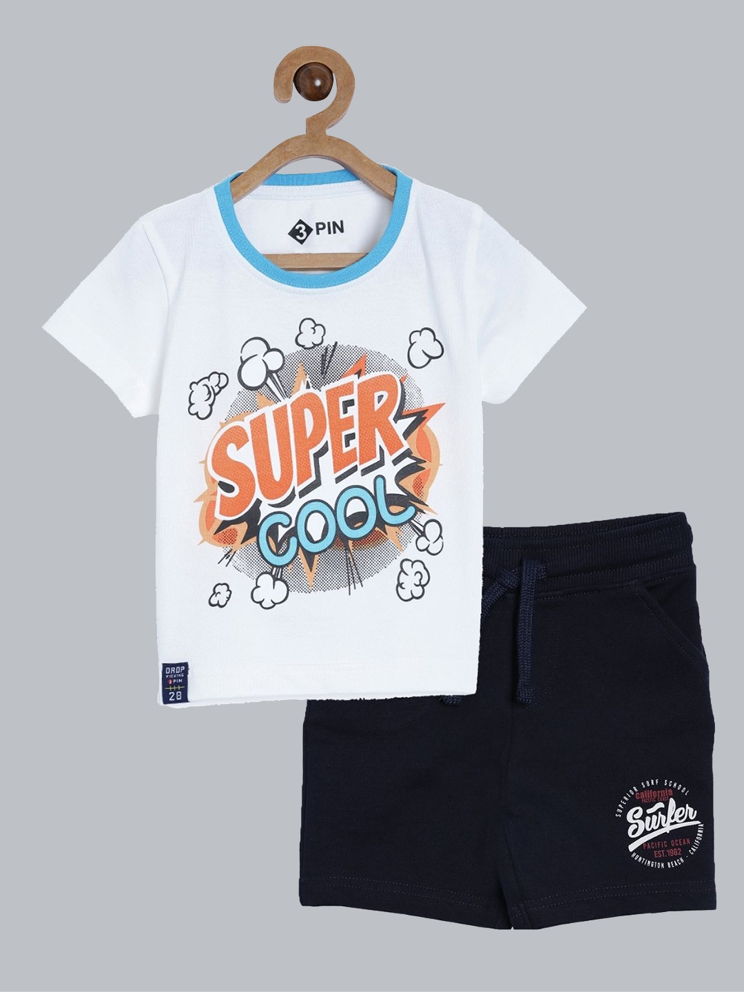 

3PIN Boys White & Navy Blue Printed T-shirt with Shorts