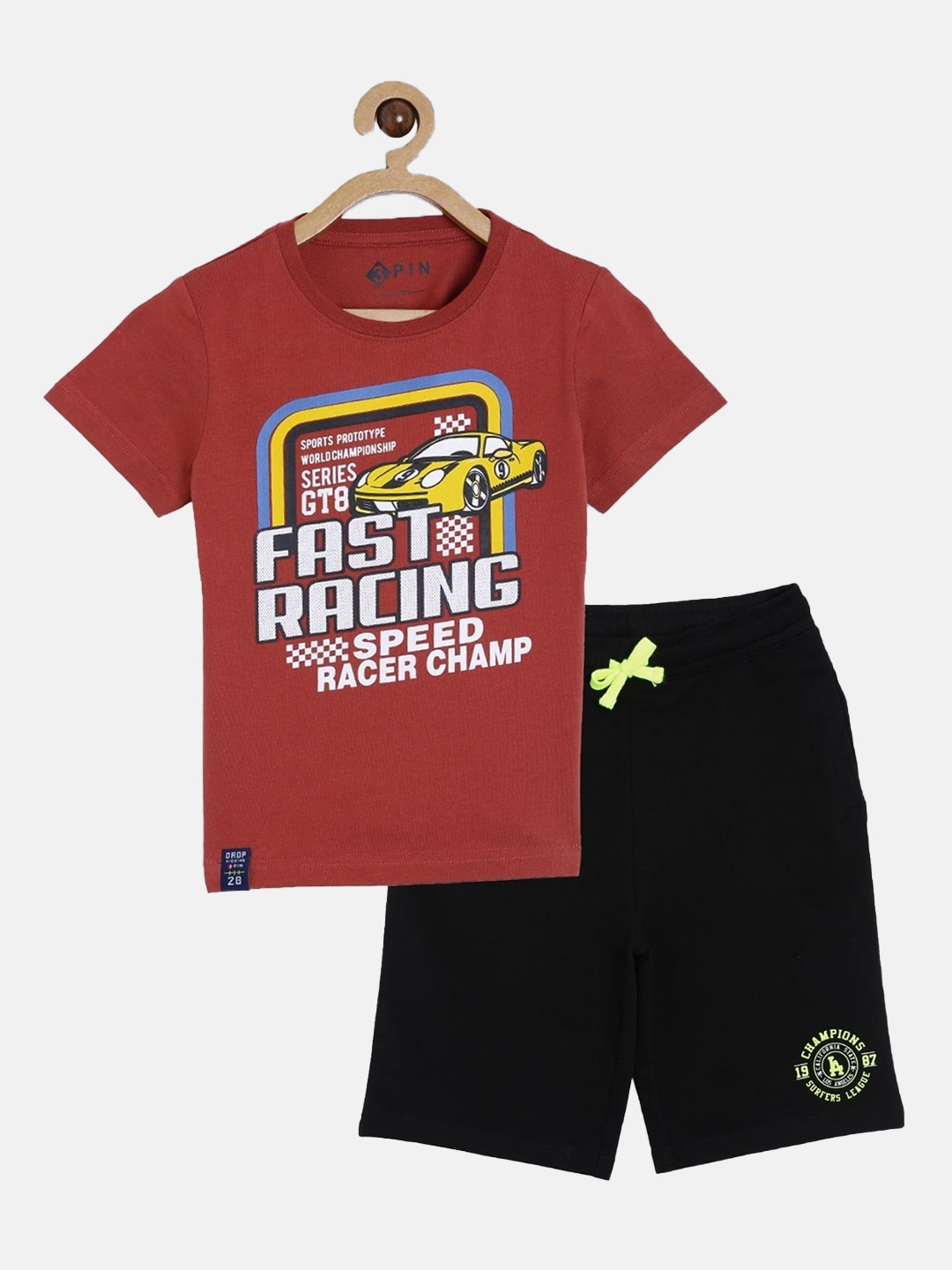 

3PIN Boys Maroon & Black Graphic Typography Printed T-shirt with Shorts