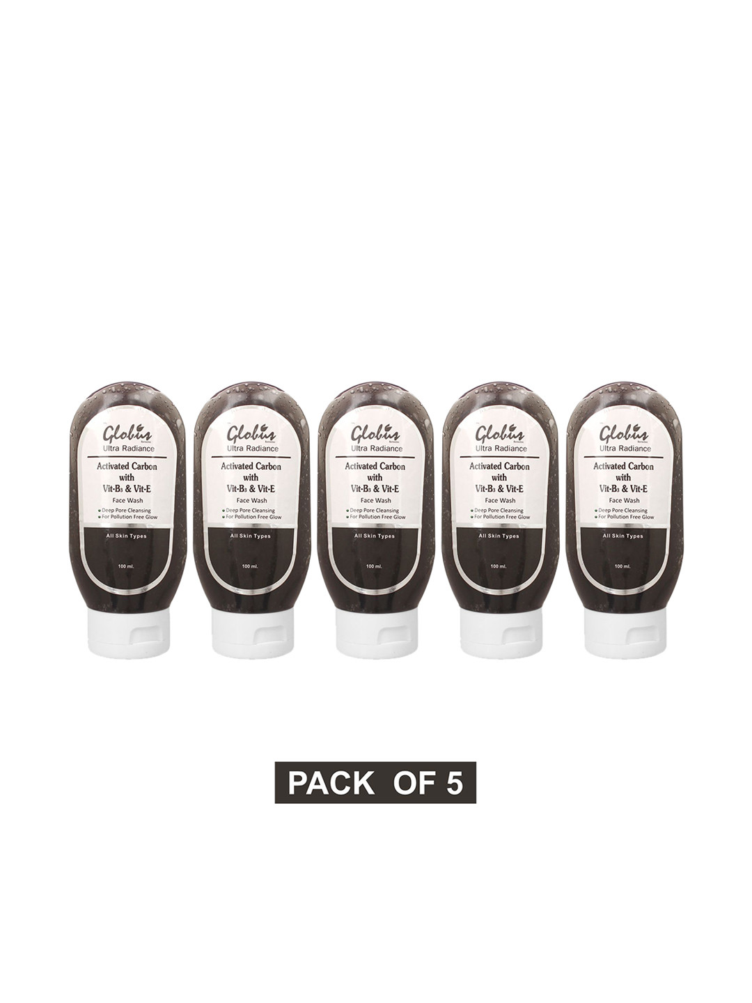 

Globus Remedies Set of 5 Activated Carbon Anti-Pollution Face Wash - 100ml each, Black