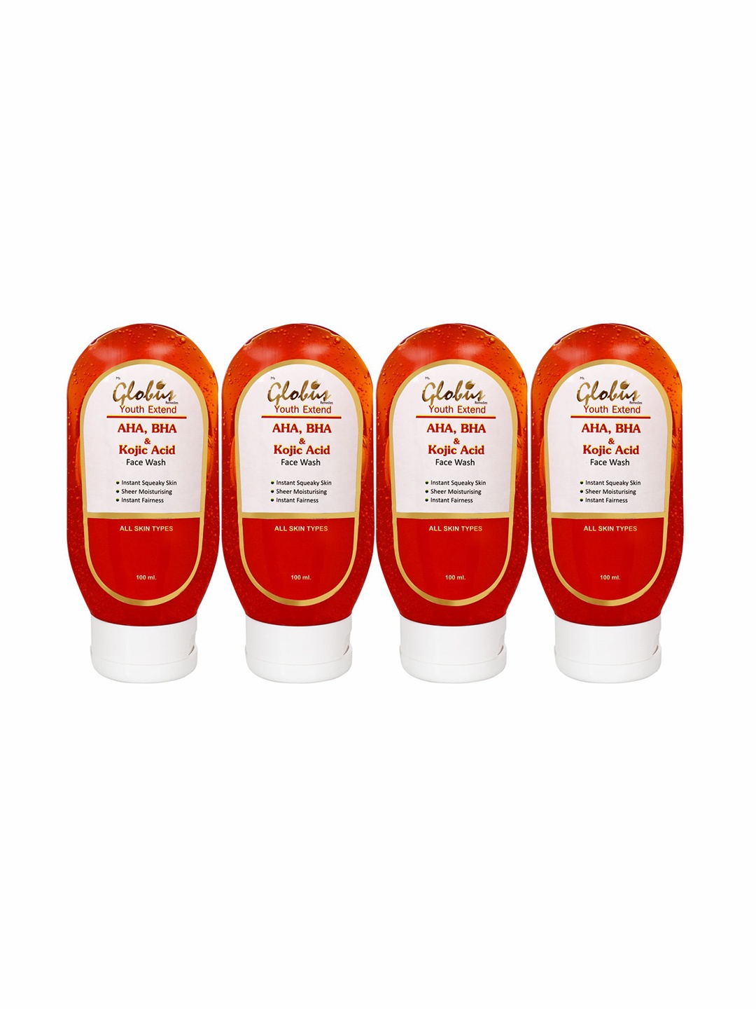 

Globus Remedies Set of 4 Youth Extend AHA, BHA & Kojic Acid Face Wash - 100 ml Each, Red