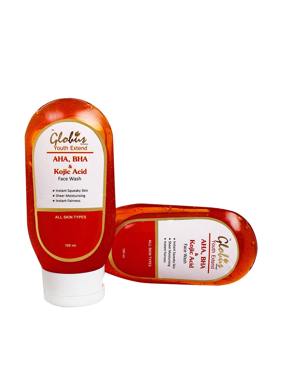 

Globus Remedies Set of 2 Youth Extend AHA, BHA & Kojic Acid Face Wash - 100 ml Each, Red