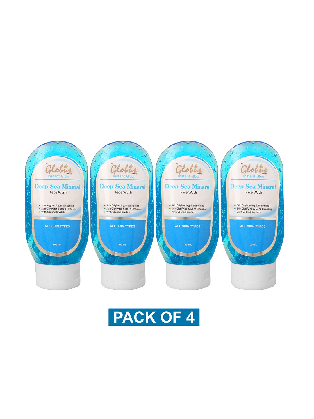 

Globus Remedies Set of 4 Instant Glow Deep Sea Mineral Face Wash - 100 ml Each, Blue