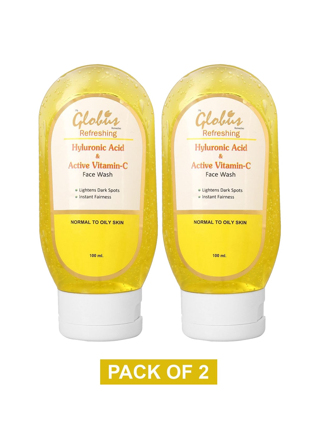 

Globus Remedies Set of 2 Hyaluronic Acid & Vitamin C Anti-Aging Face Wash - 100ml each, Yellow