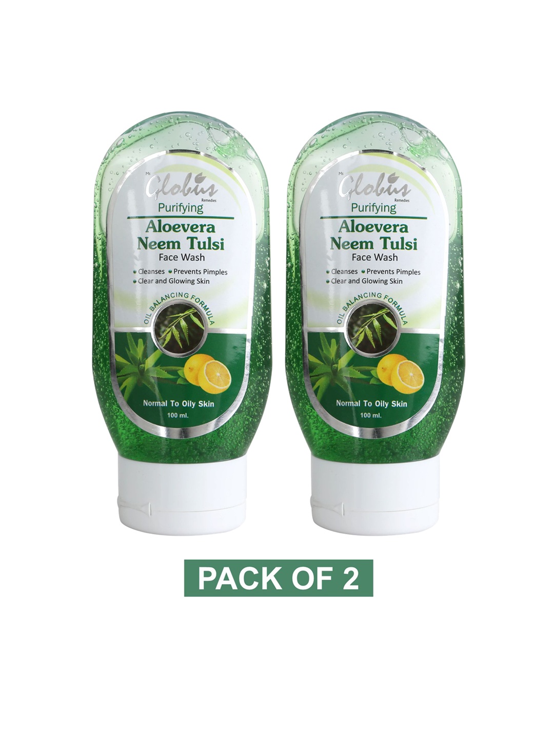 

Globus Remedies Set of 2 Purifying Aloe Vera Neem Tulsi Face Wash - 100 ml Each, Green