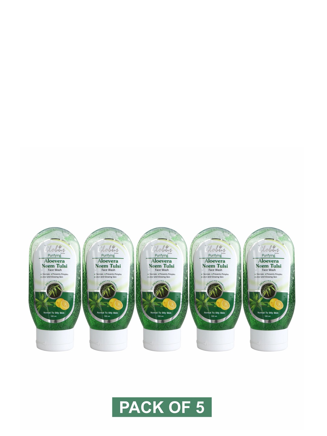 

Globus Remedies Set of 5 Purifying Aloe Vera Neem Tulsi Face Wash - 100 ml Each, Green