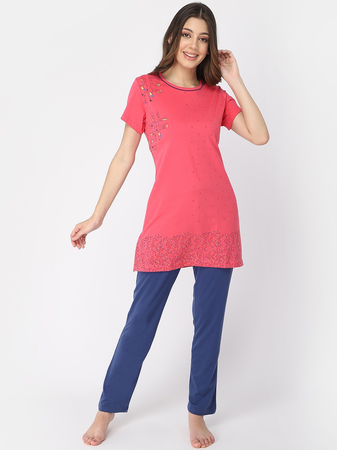 

Bell Paper Women Pink & Navy Blue Printed Night suit