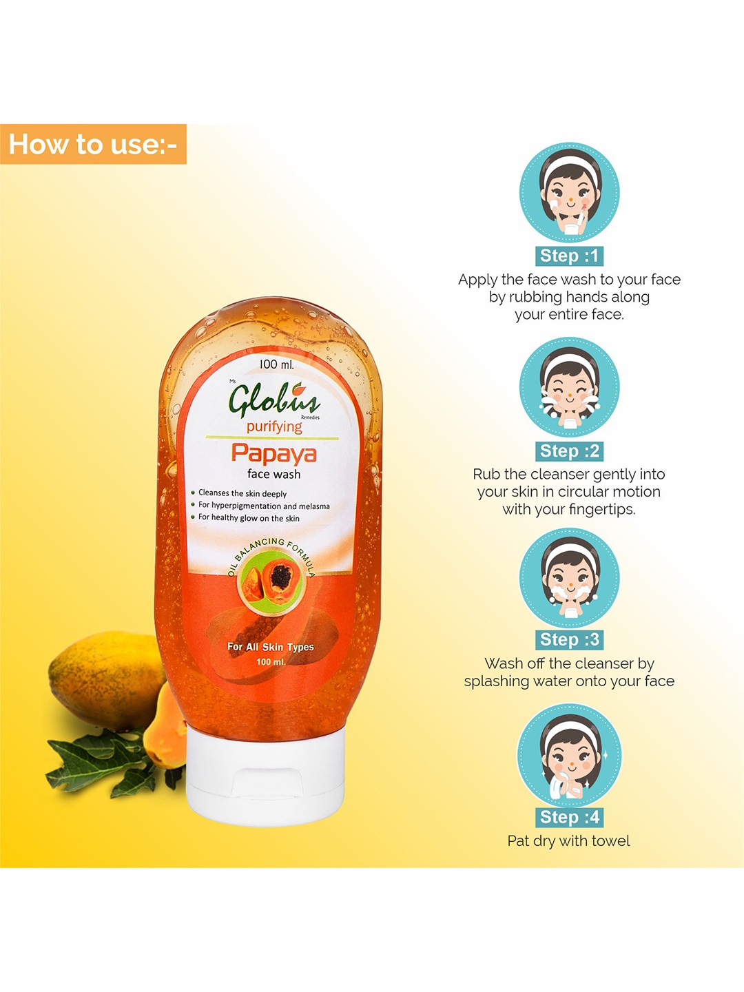 

Globus Remedies Set Of 4 Papaya Purifying Face Wash - 100 ml, Orange