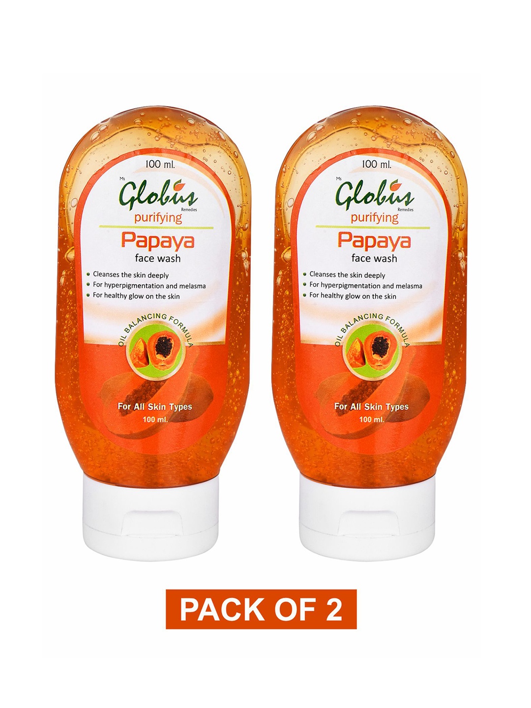 

Globus Remedies Set Of 2 Papaya Purifying Face Wash - 100 ml, Orange