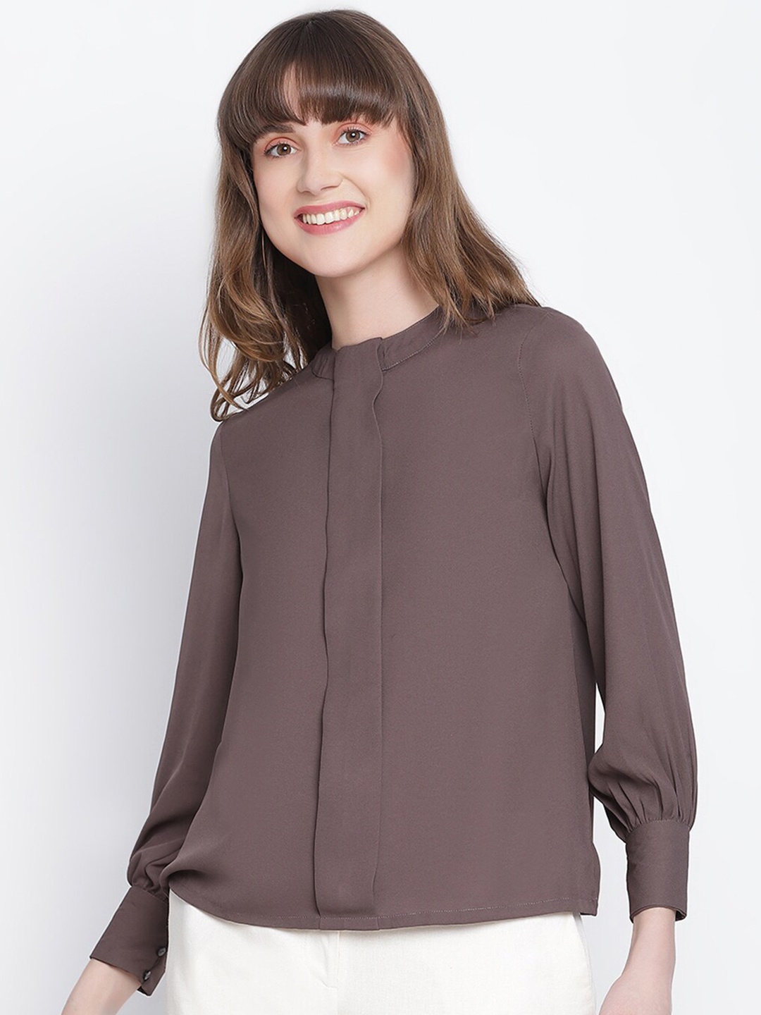 

DRAAX Fashions Taupe Mandarin Collar Chiffon Top