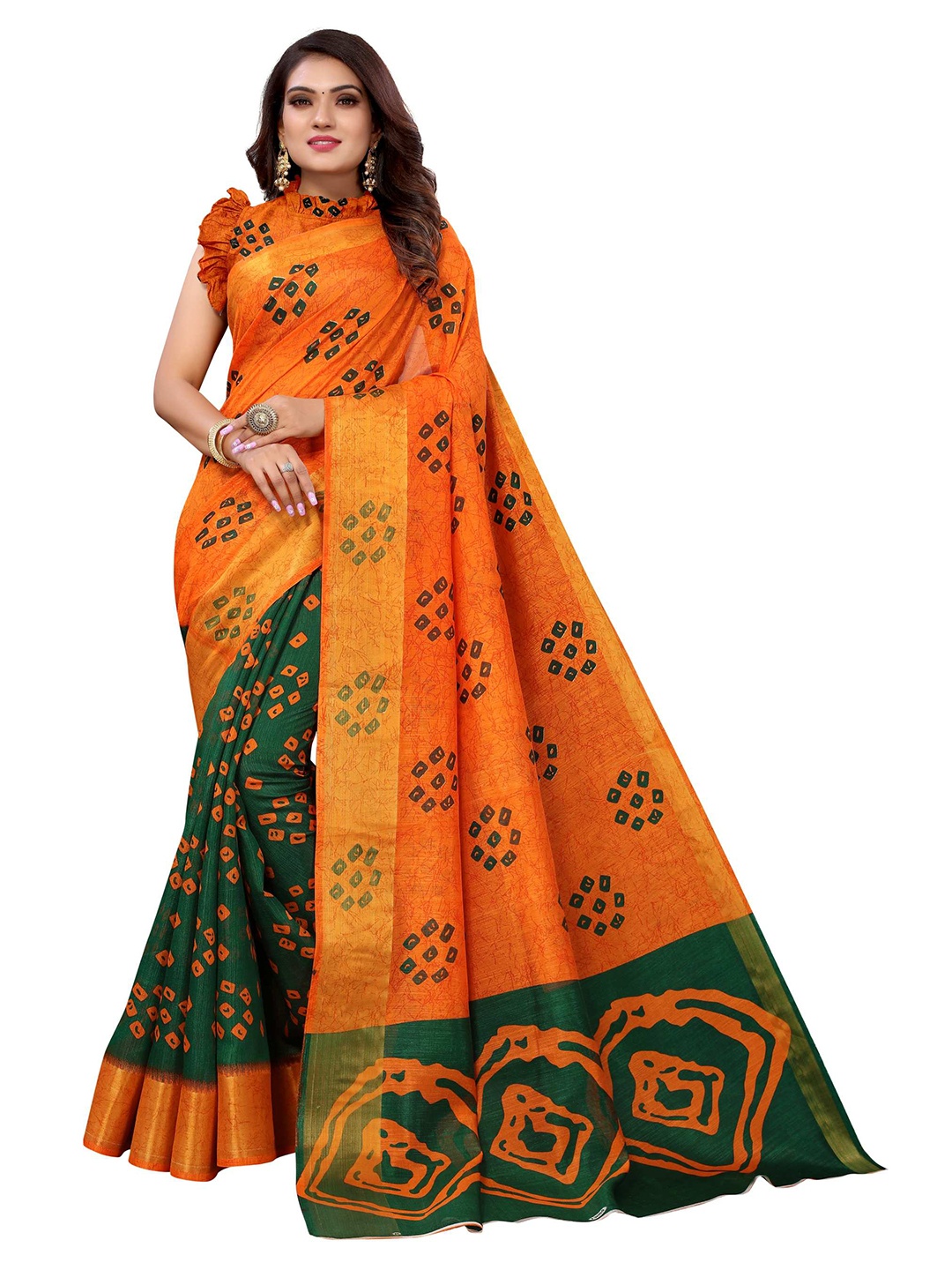 

AADVIKA Orange & Green Bandhani Zari Linen Blend Saree With Unstitched Blouse Piece