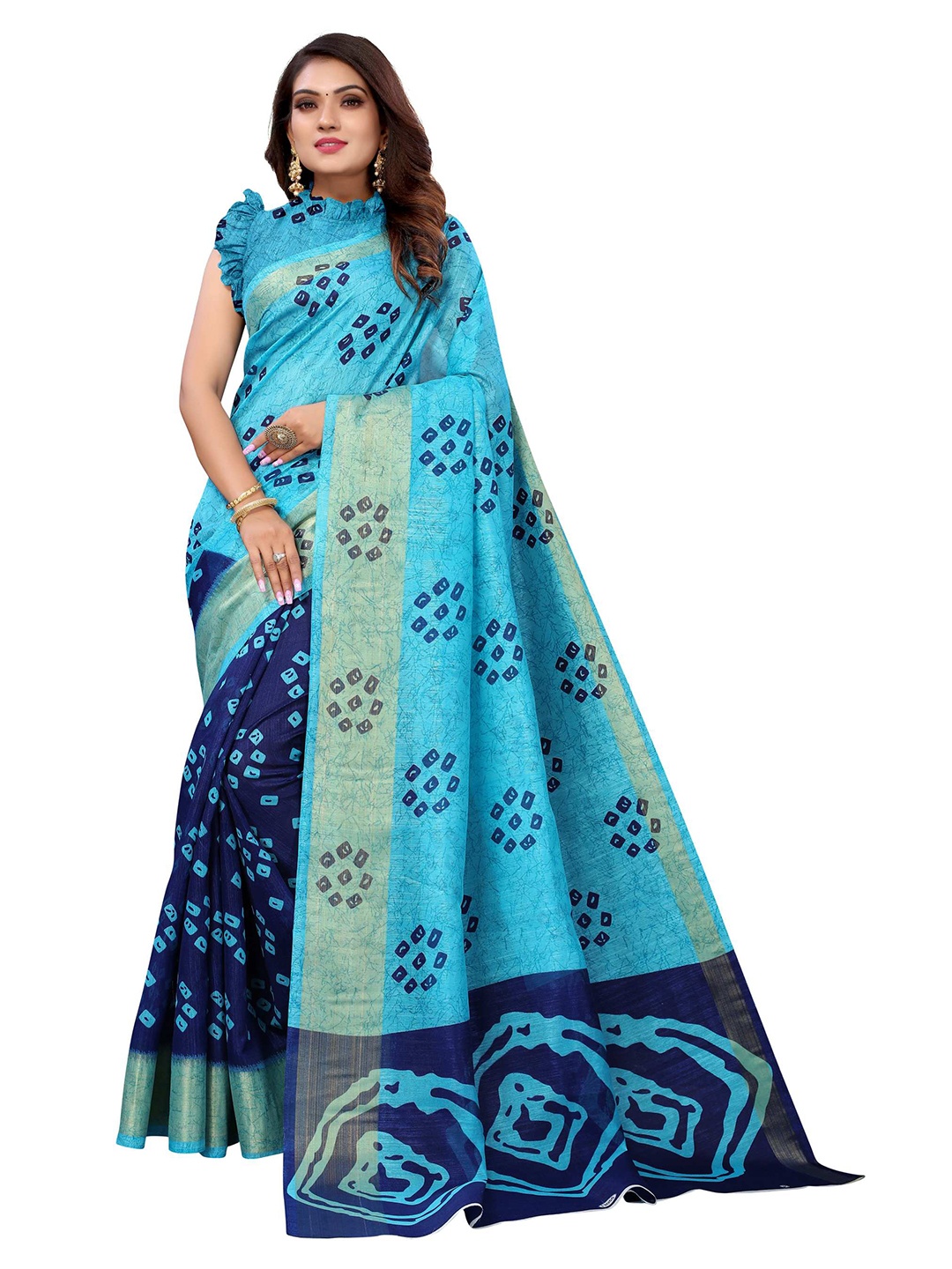 

AADVIKA Blue & Gold-Toned Bandhani Zari Linen Blend Ready to Wear Saree